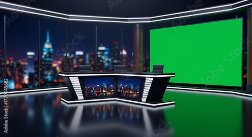 Modern TV Studio with Green Screen and City View news set chroma key virtual set broadcast television cityscape night skyline desk