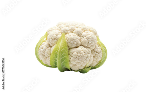 A fresh, white cauliflower with green leaves is isolated on a white background.