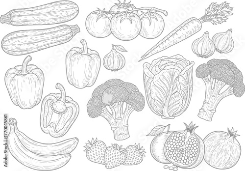 Intricate hand drawn black and white sketch of assorted fruits and vegetables in a whimsical arrangement
