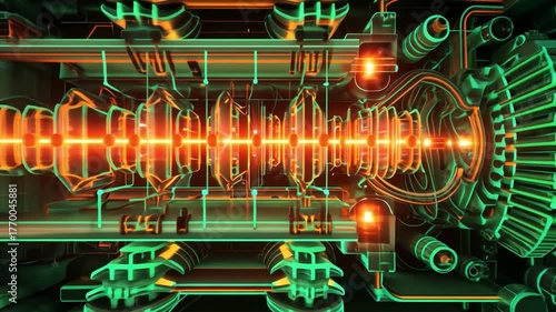 Technological Marvel: A detailed, stylized depiction of intricate machinery pulses with vibrant energy, highlighting the complex internal workings of a technological masterpiece.