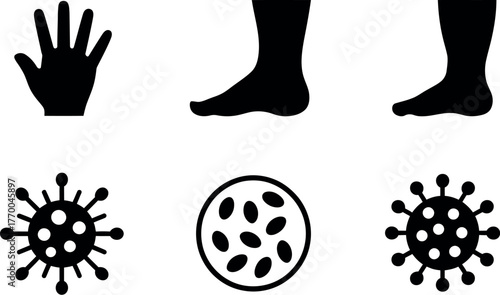 Set of six black and white medical icons featuring hands feet and microorganisms for healthcare applications vector