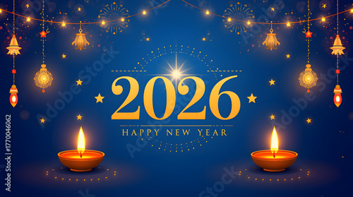 Happy New Year 2026 background with royal blue tones, golden text, glowing diyas, and festive lanterns.

