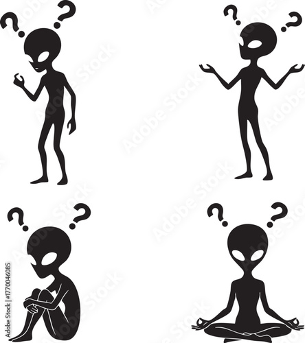 Set of 4 Alien Character Silhouettes. Extraterrestrial Life, Space, and Funny Fantasy Icon Collection