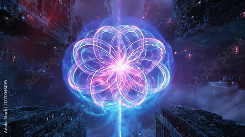 Mystical Bloom: An ethereal, otherworldly floral structure pulsates with radiant energy, its petals unfurling within a celestial sphere, hinting at unknown dimensions and cosmic wonders.