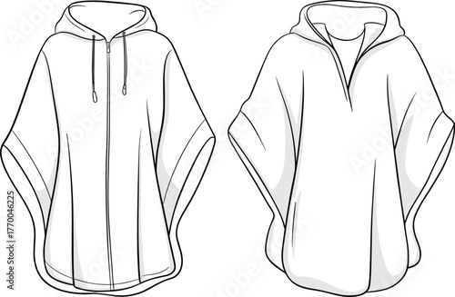 CAD drawing flat vector illustration, fashion technical sketch of hooded poncho jacket, zip front outerwear template, garment design vector, clothing outline
