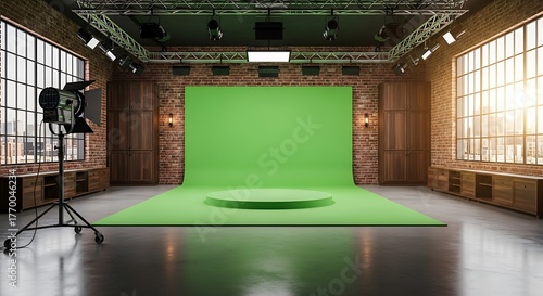 Modern film studio with green screen and lighting equipment chroma key backdrop brick wall interior set production video movie cinema