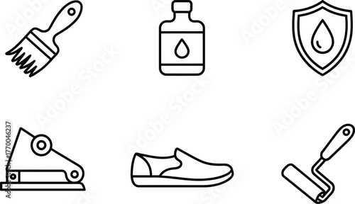 Set of six minimalist line art icons representing cleaning tools and shoe vector