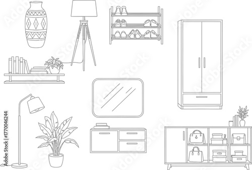 Collection of architectural floor plans and design sketches featuring furniture and interior elements in black and white