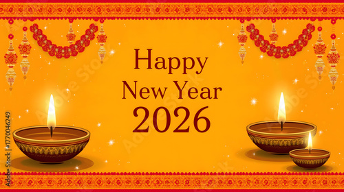Happy New Year 2026 background with saffron-yellow tones, traditional diyas, garlands, and Indian festive charm.
