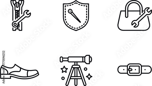 Minimalist line art icons set featuring tools shoe telescope belt and shield for modern design vector