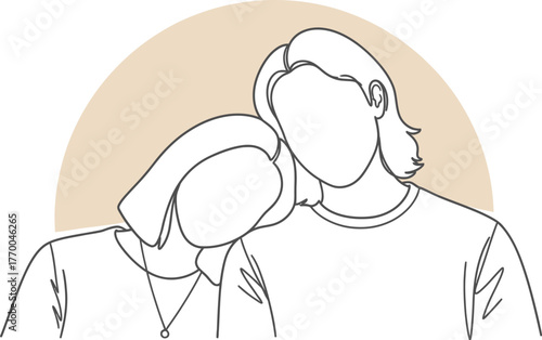 Minimalist line art drawing of a couple embracing tenderly with a soft oval background shape