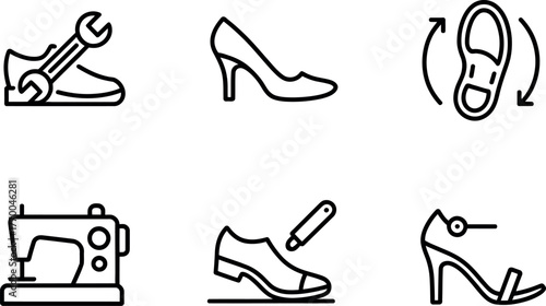 Minimalist line art icons for shoe repair and fashion footwear services vector