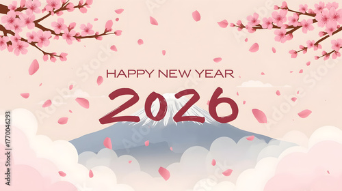 Happy New Year 2026 background featuring Mount Fuji, cherry blossoms, drifting petals, and serene Japanese art.
