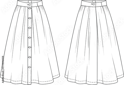 CAD drawing flat vector illustration, fashion technical sketch of button front flared skirt, garment design template, sewing pattern outline, clothing design vector
