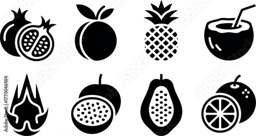 Set of eight black and white tropical fruit icons for healthy food and beverage designs vector