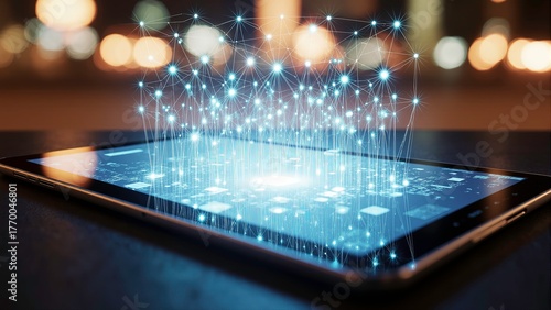 3D data visualization graph, lines, dots on a digital tablet, with vibrant blue color highlighting statistical data against the blurred background.