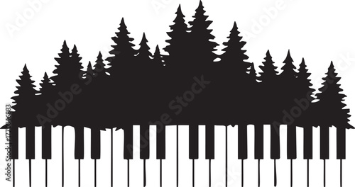 Forest and Piano Keys Silhouette. Nature Music, Sound, and Harmony Concept