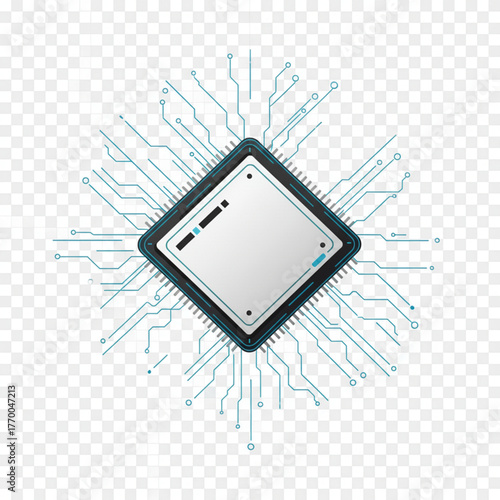 A detailed vector illustration of a central processor microchip with glowing blue digital circuit pathways, representing advanced computing and technology