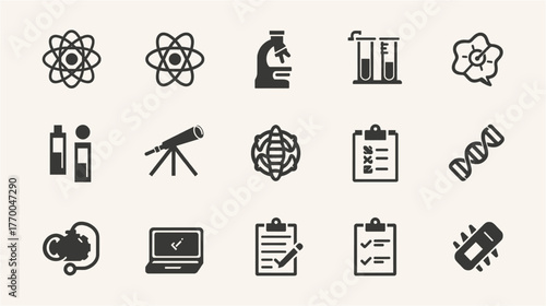 A collection of science-related icons, including atoms, microscopes, test tubes, and other scientific symbols, isolated on a neutral beige background.