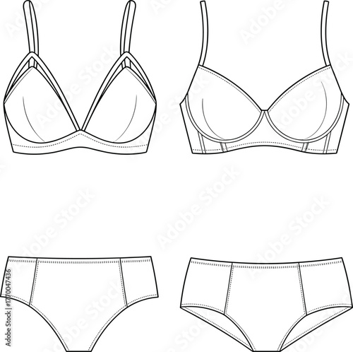 Cad drawing flat vector illustration of women lingerie set, bra and panties technical sketch, fashion design template, underwear outline