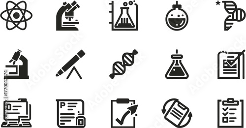 Collection of science and research icons, including atom, microscope, flask, DNA, and other laboratory equipment, perfect for scientific presentations and educational materials.