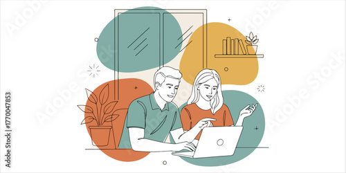 Two colleagues sharing ideas while working on a laptop in modern office, A refined continuous line art illustration enhanced with abstract color blocks and organic shape
