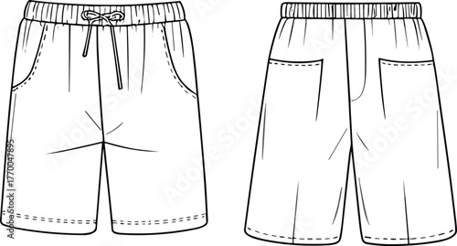 Cad drawing flat vector illustration, casual shorts front and back view, technical fashion sketch, clothing design template, garment outline