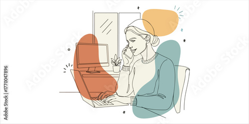 Woman chats on phone at home office, A refined continuous line art illustration enhanced with abstract color blocks and organic shape