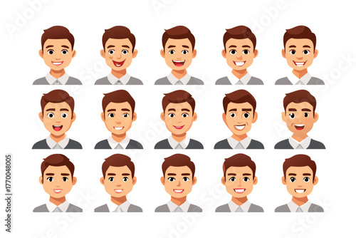 Vector illustration of a young white businessman with 15 different facial expressions isolated on white background. Portraits match each other and can be used for facial animation. vector icons