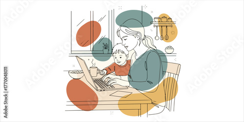 Brief family bonding moment as mom works on laptop at kitchen table, A refined continuous line art illustration enhanced with abstract color blocks and organic shape