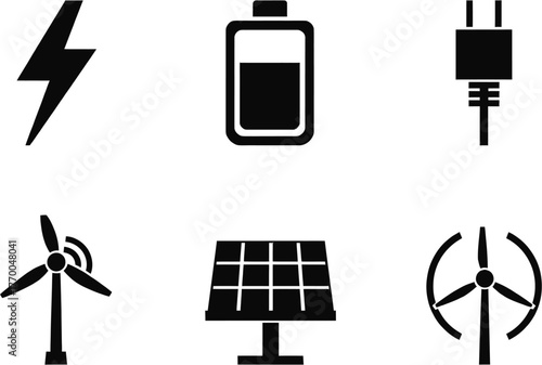 A collection of black and white icons representing energy sources and electrical components, ideal for design and informational graphics.