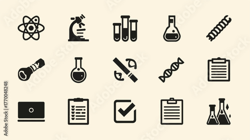 A collection of science-related icons, featuring a microscope, atom symbol, test tubes, and other laboratory equipment, designed in a minimalist style.