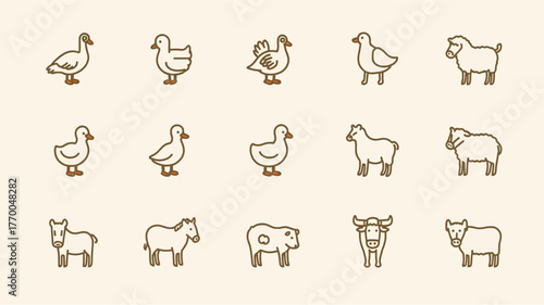 A collection of simple, outlined illustrations of various farm animals, including ducks, sheep, horses, cows, and a bull, presented on a light beige background.