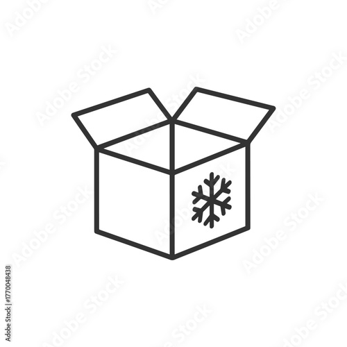 Open cardboard box icon with a snowflake symbol representing frozen or refrigerated shipping and delivery logistics