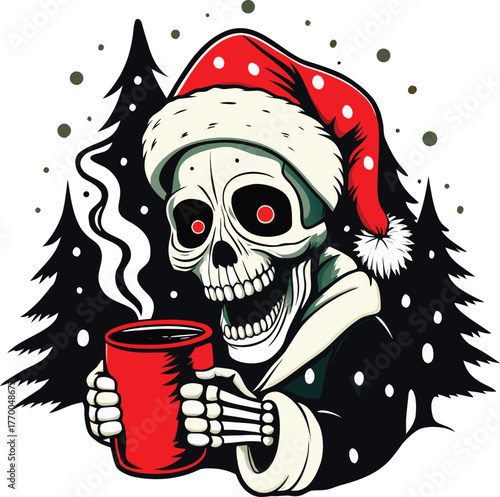 Skeleton wearing Santa hat holding hot drink in snowy forest