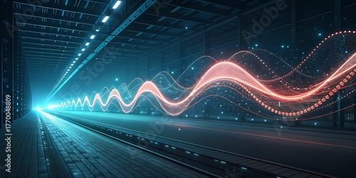 Abstract glowing neon wave data visualization flowing through a futuristic tunnel with bright blue light.