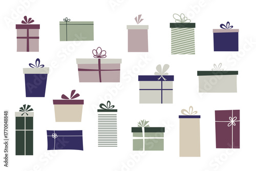 A set of icons of colored gift boxes with a bow, isolated on a white background, vector illustration, flat design. A festive graphic element, a gift for decoration, design, postcard, poster