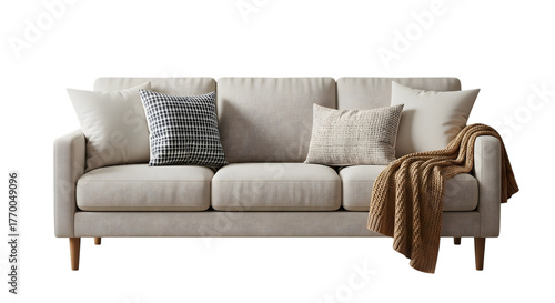 Cozy textured sofa with decorative pillows and a warm throw blanket isolated on transparent background