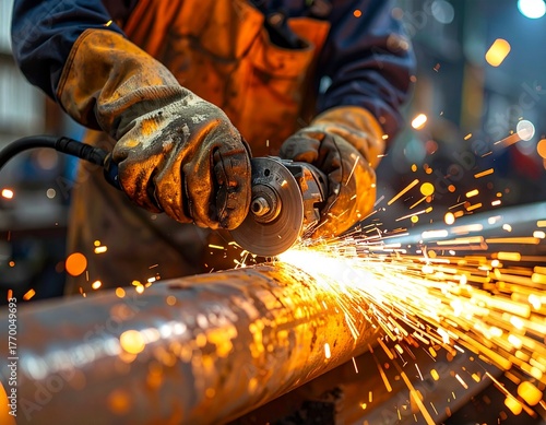 Hands operating grinder producing sparks during metal cutting