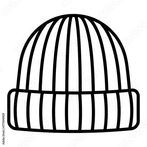 Simple black and white line art illustration of a knitted beanie hat, isolated on a