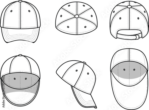 CAD drawing flat vector illustration of baseball cap in multiple views, technical fashion sketch, hat template for apparel accessories design
