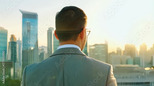 Footage of a businessman in a formal suit against the backdrop of skyscrapers. Businessman in tailored suit looks ahead with skyscrapers towering in the background.