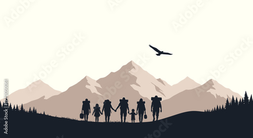 Adventurous Family Hiking Journey Through Majestic Mountain Landscape with Soaring Eagle