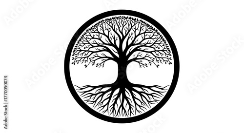 Beautiful black and white Tree of Life graphic in a circular design, symbolizing growth, wisdom,