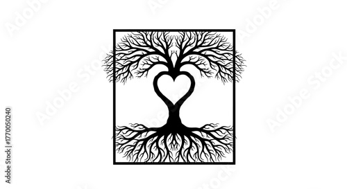 Black Silhouette Tree of Life with Heart Trunk and Spreading Roots, Symbolizing Love, Growth,