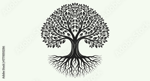 Classic black and white circular tree of life vector graphic with intricate roots and full canopy