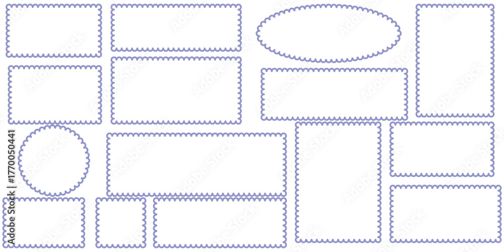 Obraz premium Scalloped rectangle Frame set. Outline border template. Simple label vector. Minimalist wavy line frames. Blank rectangular text box. Scallop edge stamp