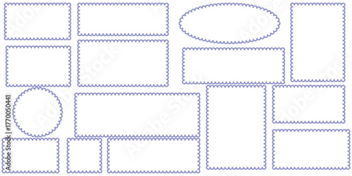 Scalloped rectangle Frame set. Outline border template. Simple label vector. Minimalist wavy line frames. Blank rectangular text box. Scallop edge stamp