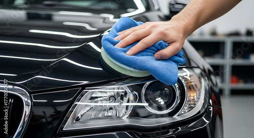 Car detailing - the man holds the microfiber in hand and polishes the car