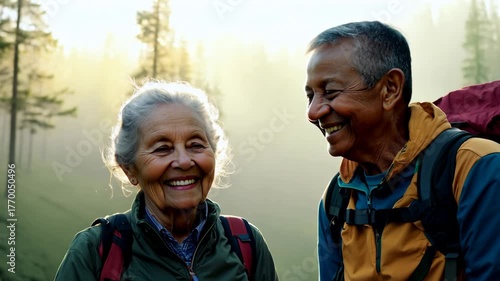 A middle aged couple of hikers in a mountain forest looking at camera and smiling. Joyful hikers look at the camera, soaking in the tranquility of the forested mountain landscape.
